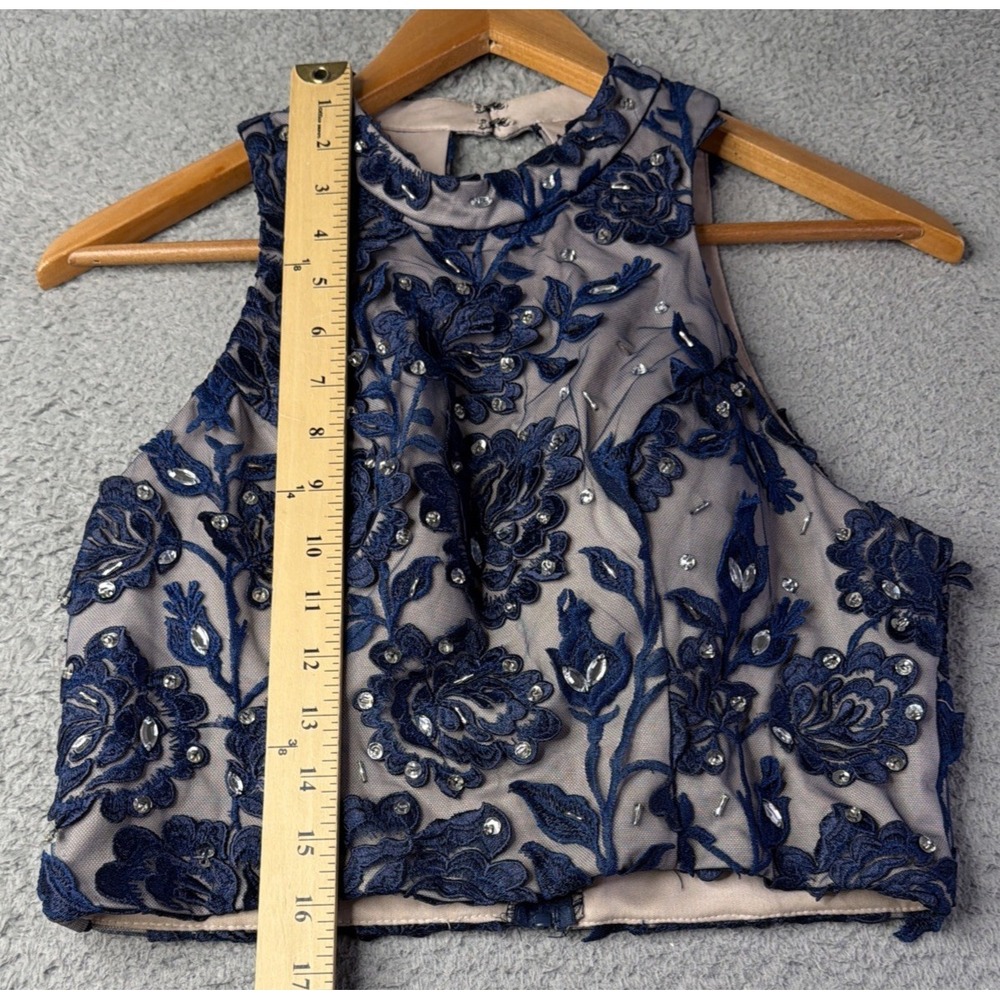 Sequin Hearts Top Womens Size 11 Medium Blue Floral Tan Lined Beaded Top - Picture 2 of 9